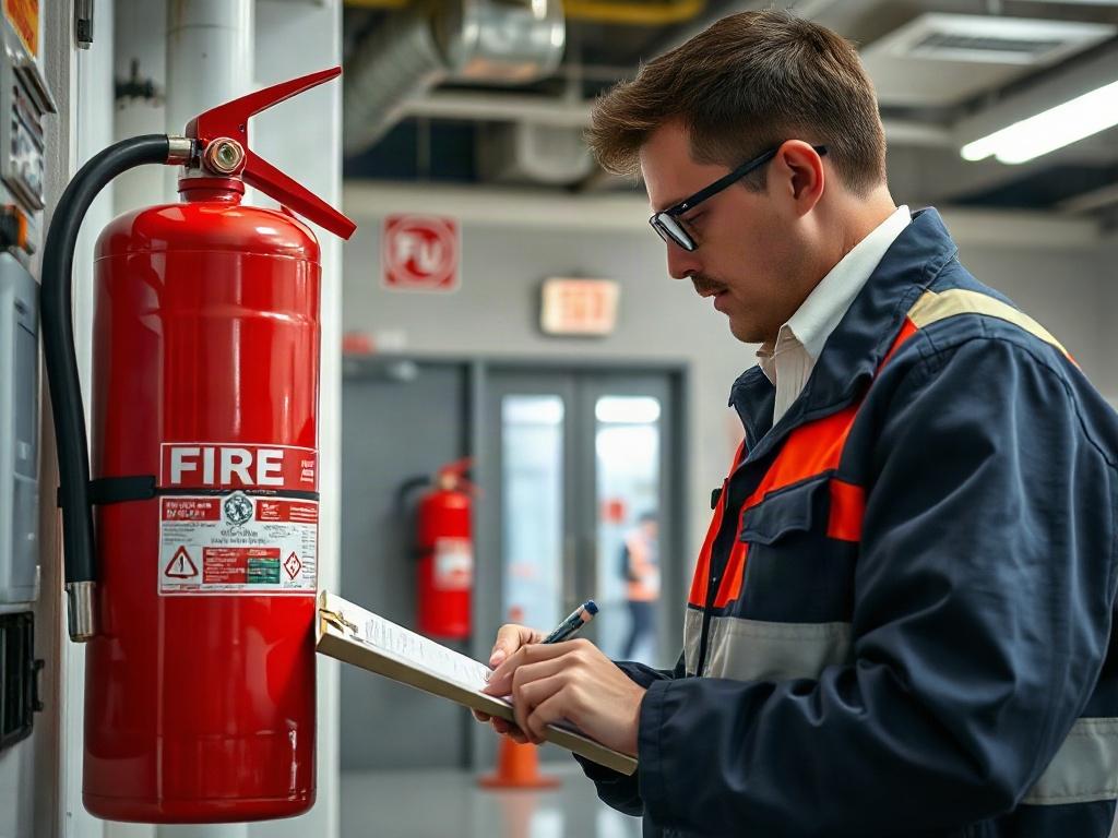 An inspector conducting a fire safety inspection in a commercial building. The inspector is examining a fire extinguisher, taking notes on a clipboard. The background shows fire safety signs and equipment, illustrating a focus on compliance and safety.