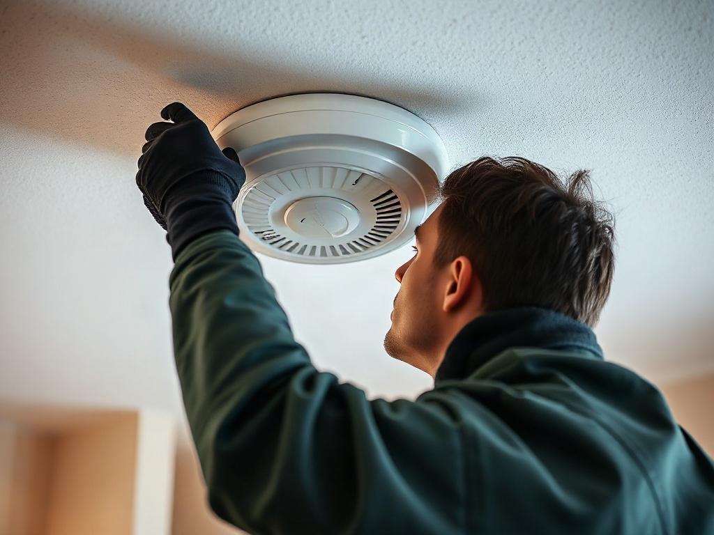 A high-resolution close-up of a technician installing a fire alarm system on a ceiling, highlighting the advanced technology of the alarm and the technician's careful attention, with a softly blurred background of the room.