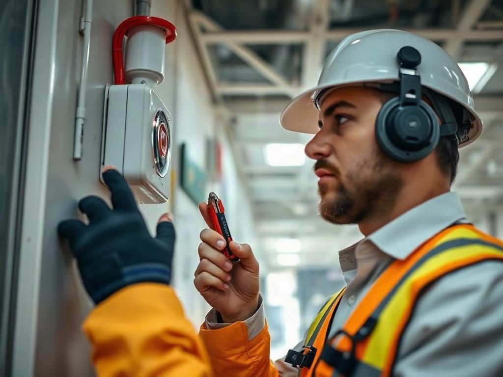 A close-up image of a professional inspecting a fire alarm system in a commercial building, showcasing detailed focus on the alarm device and the inspector's tools, with a blurred background of the building interior.