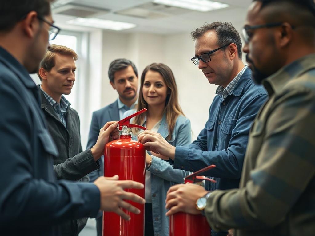 A close-up shot of a diverse group of employees participating in a fire safety training session, actively engaging with a fire extinguisher demonstration, with an instructor guiding them, set in a bright training room.