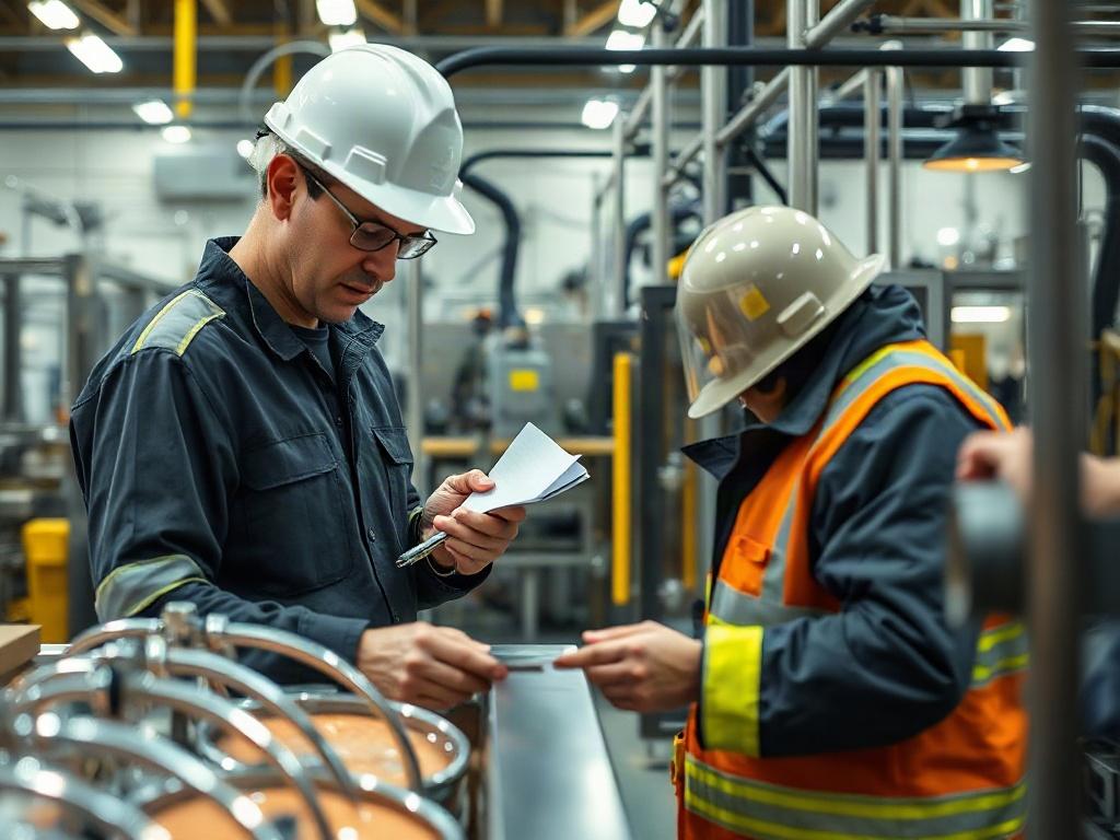 A detailed view of a fire risk assessment being conducted in a food processing facility. Show an inspector examining equipment and taking notes, with food production activities occurring in the background. The composition should emphasize the thoroughness of the assessment while highlighting safety protocols. The image should be crisp and clear, with a color palette featuring rgb(255, 241, 0).