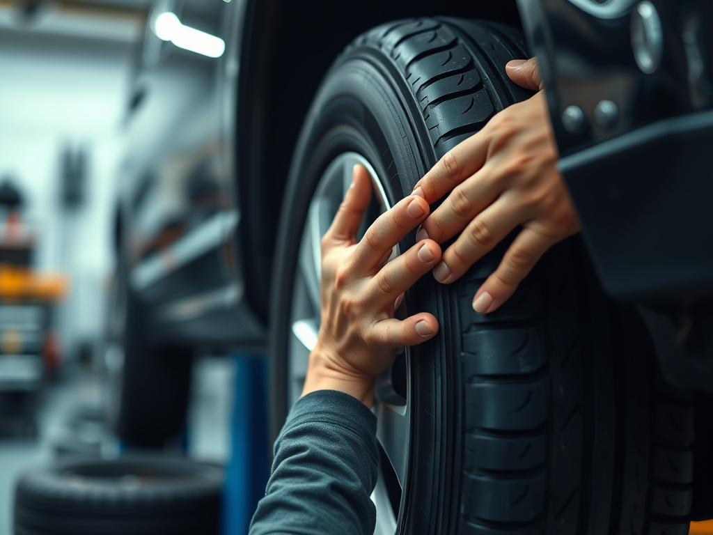 A close up shot of a mechanic rotating tires on