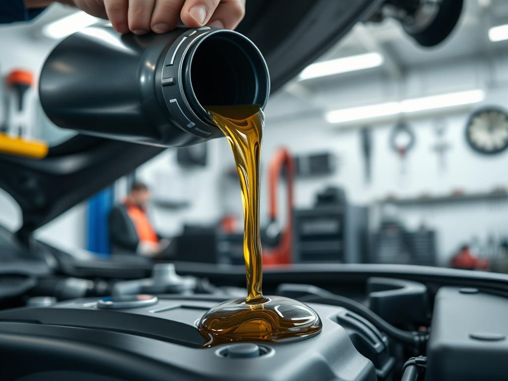 A close up shot of a mechanic pouring fresh oil