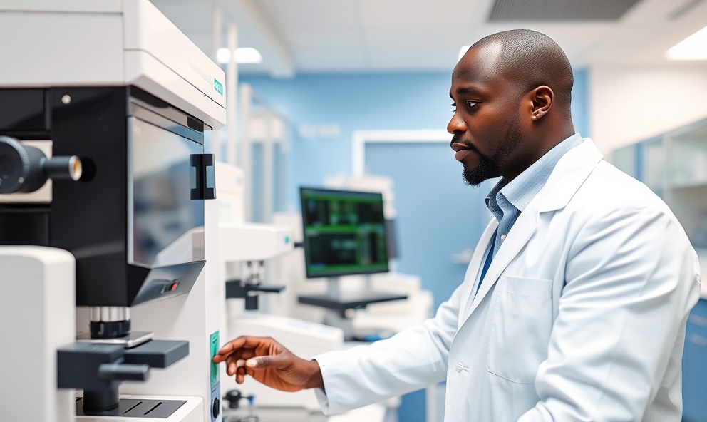 Professional Nigerian male medical laboratory scientist operating advanced analyzer equipment