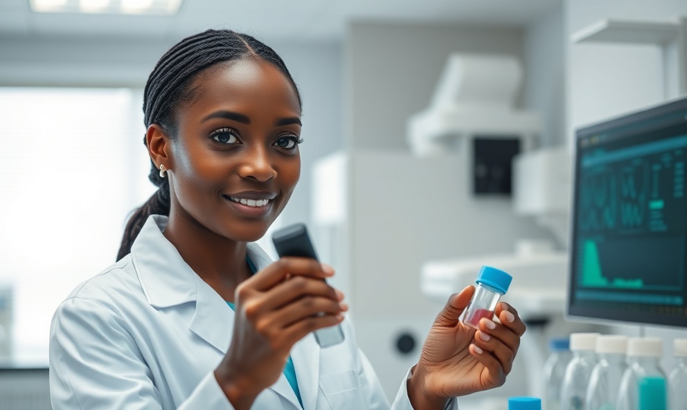 Professional Nigerian female medical laboratory scientist examining samples in modern diagnostic equipment