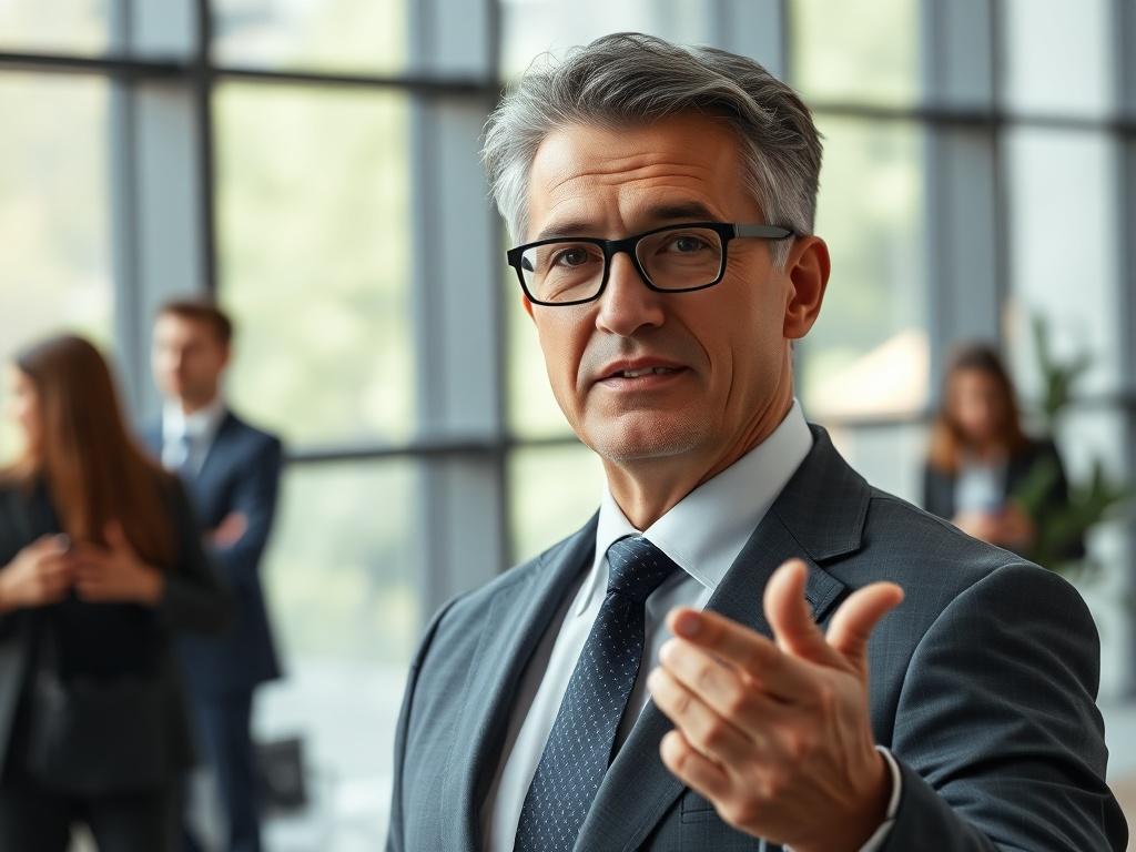 A professional senior vice president in a business suit, confidently presenting in an office setting. The background features a modern office environment with large windows allowing natural light to flood in. The focus is on the individual, capturing a close-up shot that highlights their expression of determination and expertise. The color palette includes shades of gray, aligning with the rgb(76, 76, 77) primary color. Shot with a 45mm f/1.2 lens for a hyper-realistic effect.
