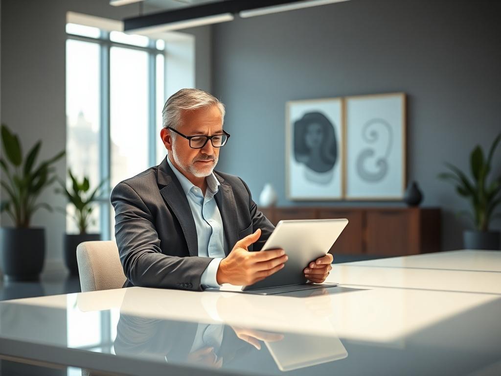 Create a realistic high-resolution photo that captures the essence of shareholder advisory services. The composition should feature a single professional subject, a middle-aged man or woman in business attire, sitting at a sleek modern desk adorned with a minimalist design. The individual is focused intently on a tablet or laptop, symbolizing strategic decision-making. The expression should convey confidence and expertise, reflecting the importance of shareholder advisory.

In the background, include soft-f