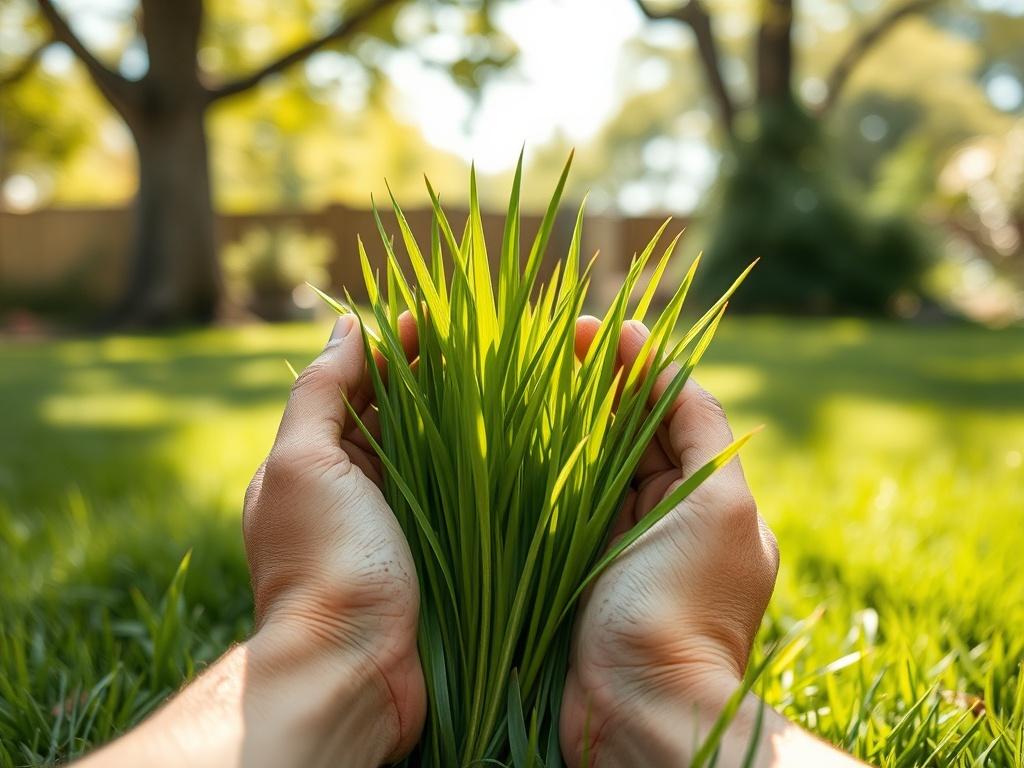 **Prompt for AI Image Generator:**

Create a realistic high-resolution photograph that captures the essence of “Essential Lawn Care Tips for a Healthy, Vibrant Yard.” The composition should be simple and clear, focusing solely on a well-manicured patch of lush green grass. 

In the foreground, feature a pair of hands holding a vibrant, healthy green blade of grass, illustrating the concept of care and attention to lawn maintenance. The hands should be slightly weathered, suggesting experience, and display d