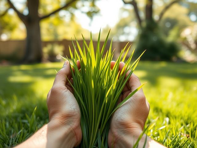 **Prompt for AI Image Generator:**

Create a realistic high-resolution photograph that captures the essence of “Essential Lawn Care Tips for a Healthy, Vibrant Yard.” The composition should be simple and clear, focusing solely on a well-manicured patch of lush green grass. 

In the foreground, feature a pair of hands holding a vibrant, healthy green blade of grass, illustrating the concept of care and attention to lawn maintenance. The hands should be slightly weathered, suggesting experience, and display d