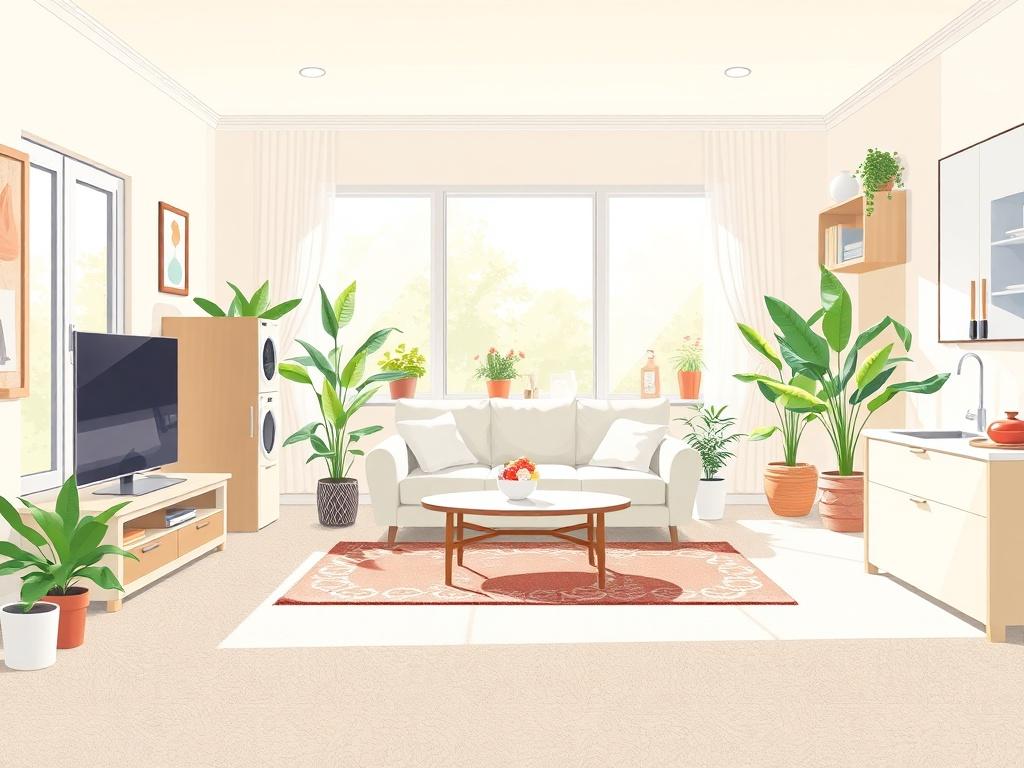 A high-quality illustration of a sparkling clean home interior, showcasing a beautifully organized living room with freshly cleaned carpets, shining windows, and spotless kitchen appliances. The background should be bright and inviting, featuring plants and natural light to create a cheerful atmosphere. The artwork should be rendered in flat-colored, high-energy anime style, with a focus on cleanliness and organization.