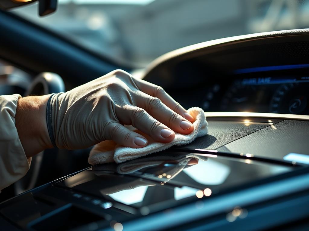A realistic high-resolution close-up shot of a professional detailer meticulously cleaning the interior of a luxury car. The focus is on the detailer's hands as they use a soft cloth to wipe down the dashboard, with reflections of sunlight illuminating the gleaming surfaces. The background is soft and blurred, highlighting the detailer's skill and the pristine condition of the car's interior.