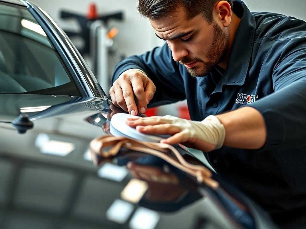 A close-up shot of a professional detailer working on a shiny car exterior, showcasing meticulous attention to detail. The detailer is wearing a branded uniform with the logo of Xpert Mobile Detail Service, focusing on polishing the surface of the car. The background should be blurred to emphasize the detailer's work, with hints of a clean, organized mobile detailing setup in soft focus. The color scheme should incorporate the primary color rgb(12, 186, 225) subtly in the detailing tools.