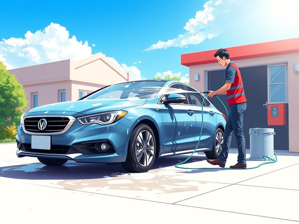 A high-quality illustration of a car being washed by a professional detailer, with bright colors and a clear blue sky background. The detailer should be wearing a uniform and using a hose to wash the car, which is parked in a driveway. The scene should convey cleanliness and professionalism, featuring vibrant colors to reflect a sunny day.
