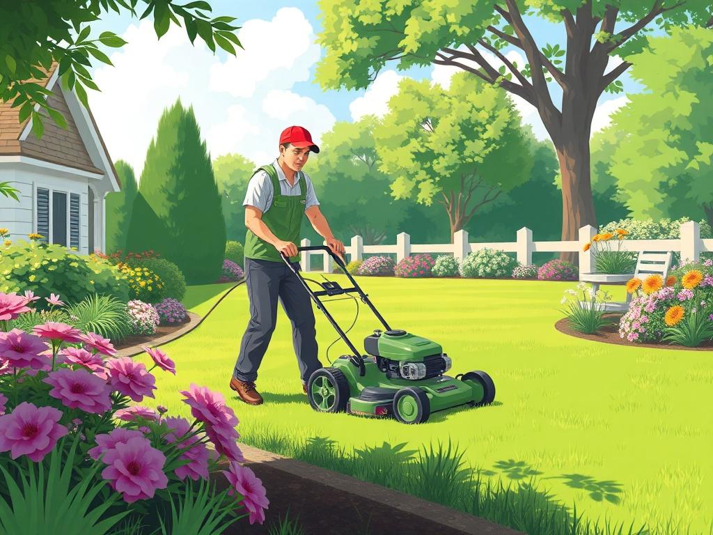 A high-quality illustration of a lawn care professional mowing a lush green lawn on a sunny day. The scene should depict a vibrant garden and the detailer should be focused on their task, showcasing the beauty of a well-maintained yard.