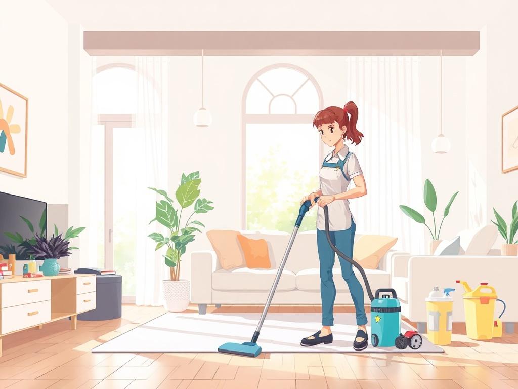 A high-quality illustration of a cleaning professional using a vacuum and cleaning supplies in a bright, spacious living room. The room should have sunlight streaming in, showcasing a clean and organized space. The detailer should appear focused and diligent, demonstrating the thoroughness of the cleaning service.