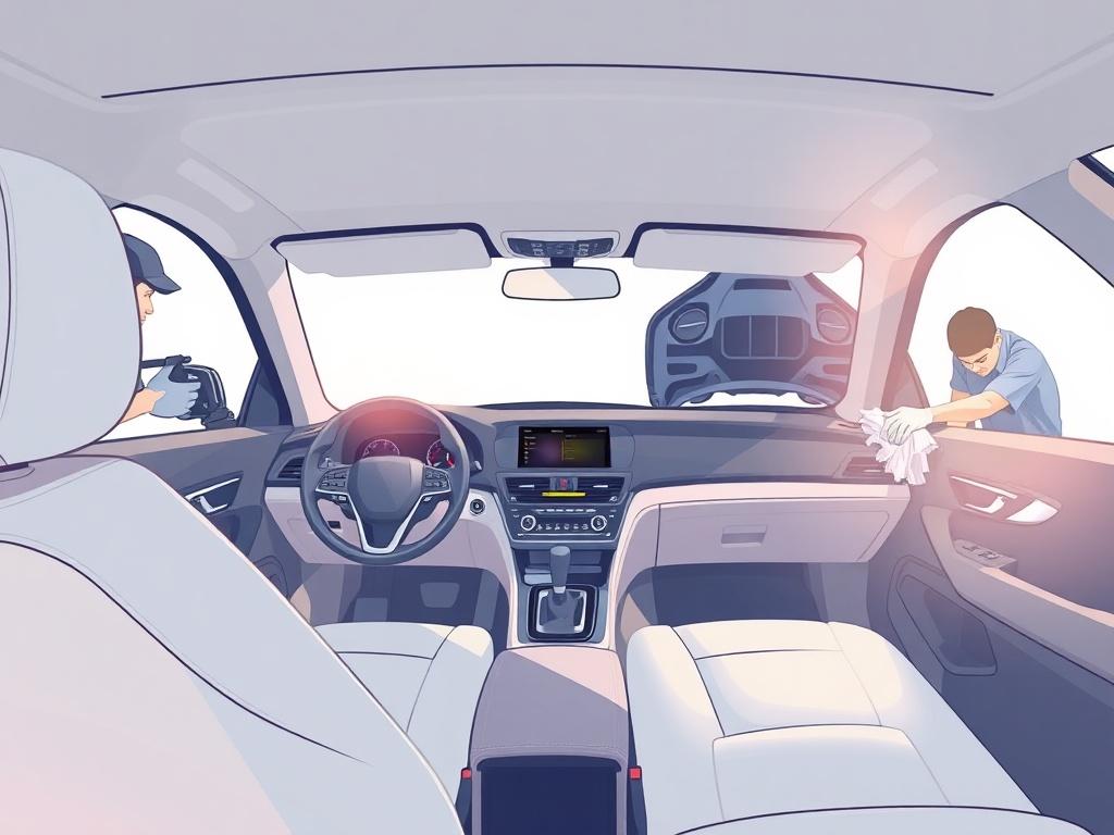 A clean, well-detailed car interior showcasing various detailing addons. The image should feature a close-up of the leather seats being conditioned, with a shiny dashboard in the background. On one side, a mechanic is seen performing headlight restoration, and on the other side, an engine bay is being cleaned. The background should be simple and minimalistic, using pastel colors to create a calm atmosphere, with a focus on the high-quality detailing work being done.