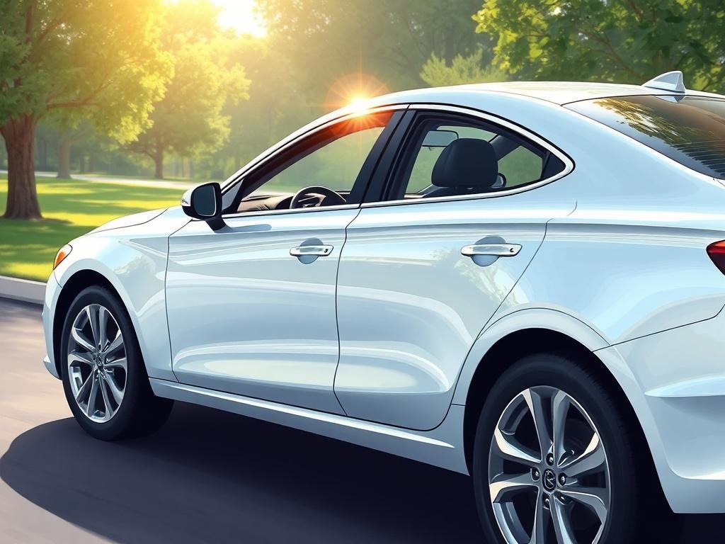 A clean and shiny car parked in a serene outdoor setting, showcasing its pristine exterior after receiving a thorough detailing. The sun reflects off the polished surface, highlighting the meticulous paintwork and gleaming tires. The interior is slightly visible through the open door, emphasizing its immaculate condition with clean upholstery and polished surfaces. The background features a lush green landscape with trees and soft lighting to create a calming atmosphere.