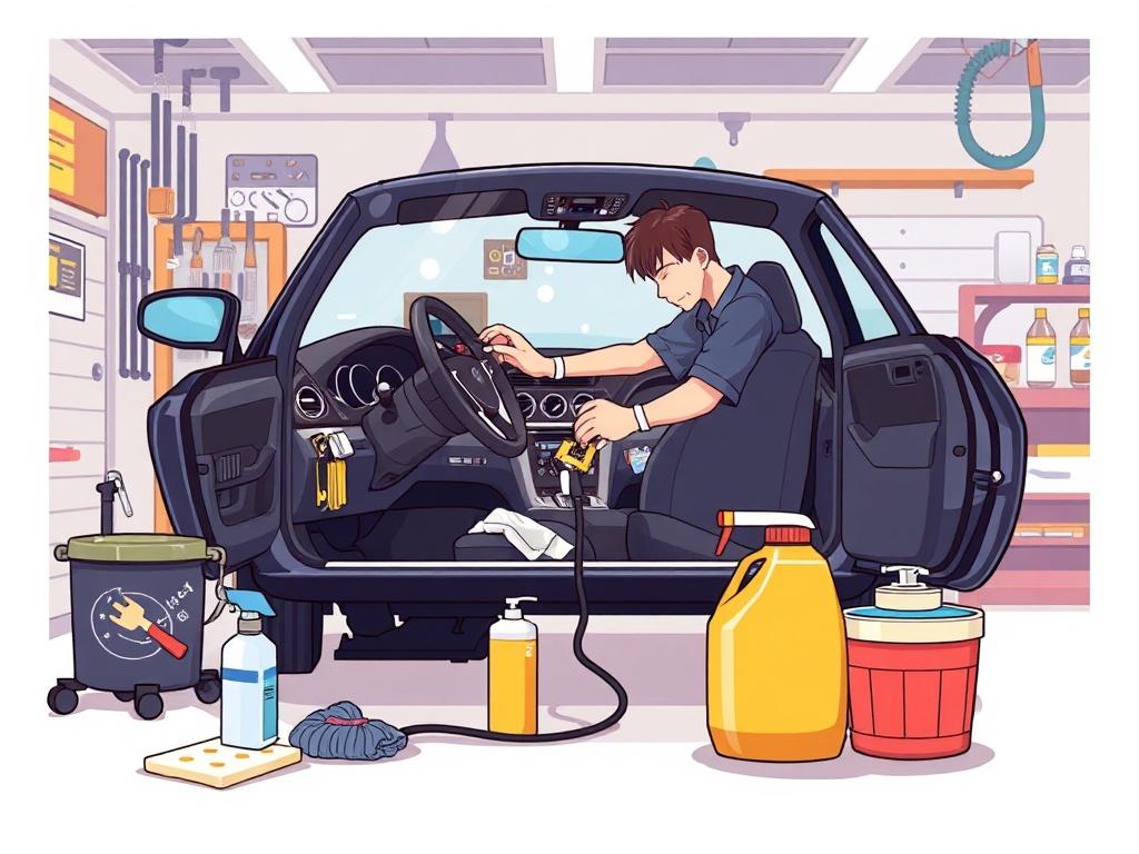 An engaging anime-style illustration of a car undergoing a deluxe detailing process. The scene displays various cleaning tools and products, with a skilled detailer working on the interior. The background shows a garage with tools and a bright atmosphere.