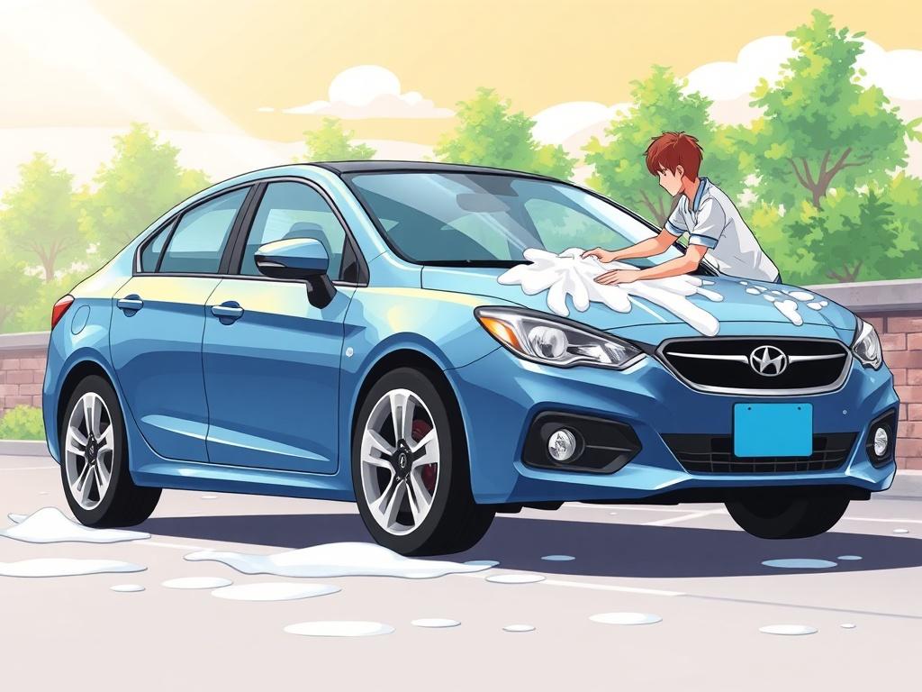 A high-energy anime-style illustration of a car being detailed, showcasing a person washing the exterior. The scene features bright colors with a focus on cleanliness and shine. The background includes a sunny sky and lush greenery, enhancing the feeling of freshness.