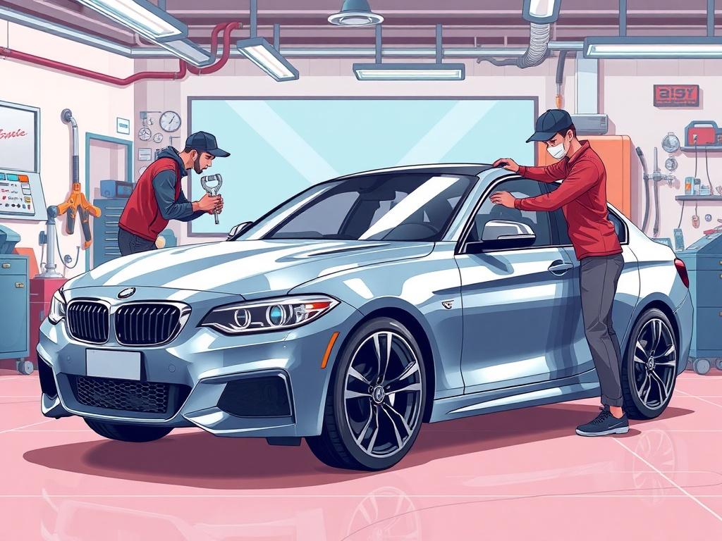 A vibrant anime-style illustration depicting a car receiving ultimate care. The artist highlights the application of ceramic coating with a focus on the gleaming finish. The background features a professional garage setting filled with detailing equipment.