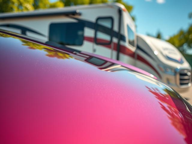 Create a realistic, high-resolution close-up photo featuring a gleaming, meticulously detailed car and RV side by side in a sunny outdoor setting. The foreground should prominently display a shiny car hood glistening in the sunlight, reflecting the clear blue sky above and lush green surroundings. Include a clean RV in the background, showcasing its well-maintained exterior and vibrant colors. The composition should be straightforward, with a blurred background to emphasize the car hood's shine, while green