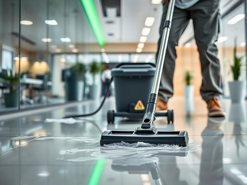Close-up shot of a professional cleaner in action, meticulously cleaning a commercial property. The scene shows the cleaner using advanced cleaning equipment, with a focus on the spotless surfaces and gleaming floors. The background hints at a well-lit office environment, emphasizing cleanliness and organization. The image captures the essence of professionalism and efficiency, showcasing the transformative impact of expert clean-up services. Shot with a 45mm f/1.2 lens for a hyper-realistic effect, with a 