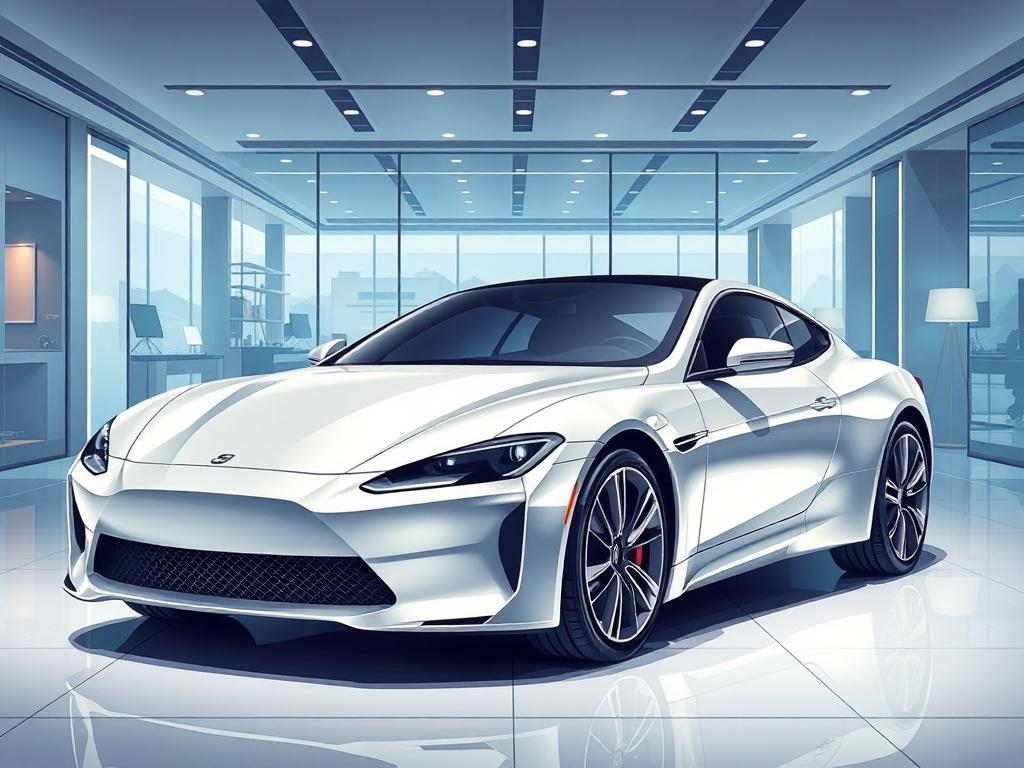 Create a high-quality illustration of a luxury car in a professional showroom setting. The car should be polished to a high shine, showcasing its sleek lines and gleaming surface. The background should feature soft lighting that enhances the car's details, with elegant display elements that suggest a high-end environment. The composition should focus solely on the car as the subject, with no other distractions.
