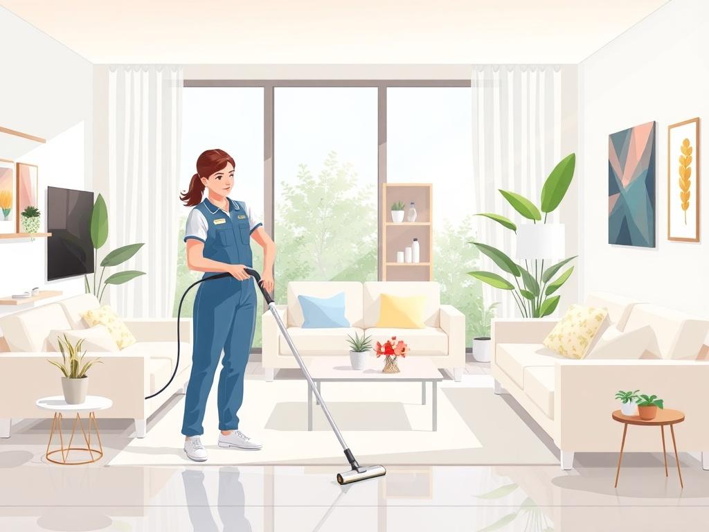 A professional cleaner in a modern home, focused on cleaning a living room. The cleaner is wearing a uniform and using a vacuum cleaner, with a bright and airy background showcasing clean furniture and a well-organized space. Soft lighting enhances the cleanliness and freshness of the scene, highlighting elements like potted plants and decorative items.