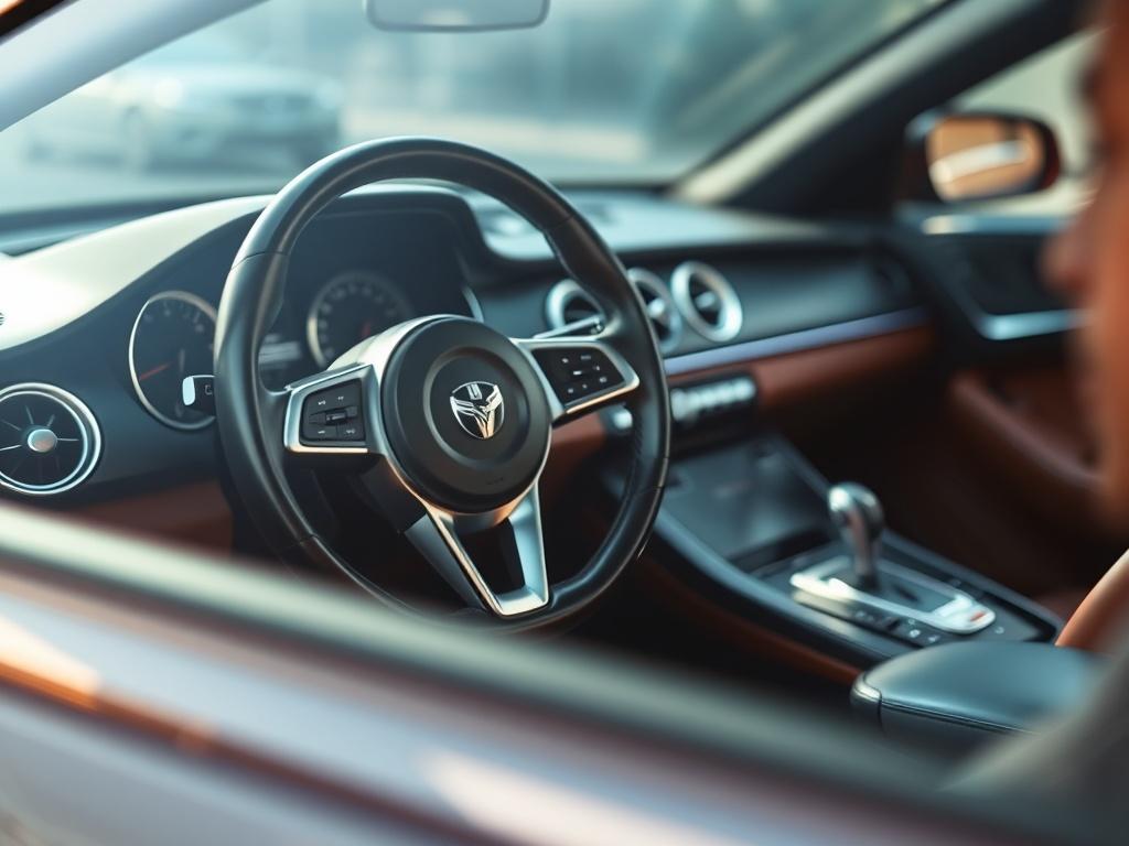 A high-resolution close-up shot of a detailed car interior, showcasing polished surfaces and clean upholstery. The scene should have natural lighting highlighting the shine of the materials, with a focus on the steering wheel and dashboard. The background should be softly blurred to emphasize the pristine condition of the car's interior.