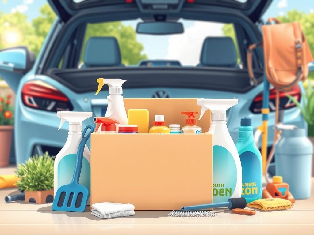 A high-quality illustration of a beautifully arranged promotional package showcasing various mobile detailing and cleaning supplies. The package should be set in a bright, inviting environment with elements like a clean car, sparkling garden tools, and organized cleaning equipment. The composition should be simple, focusing on the package in the foreground, with a soft-focus background of a sunny day, emphasizing cleanliness and care.