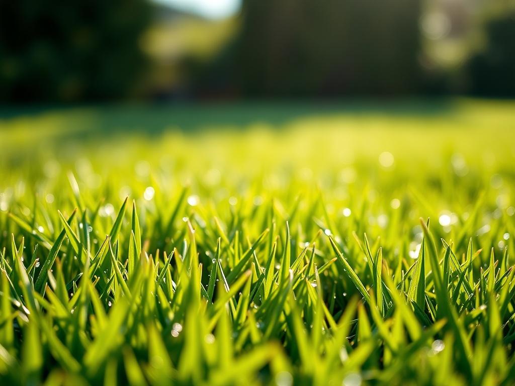 A highly detailed close-up shot of a beautifully manicured lawn, showcasing lush green grass with dewdrops glistening in the morning sunlight. The background should be blurred to highlight the vibrant colors of the grass. The composition should be simple and clear, focusing solely on the lawn without any additional distractions.