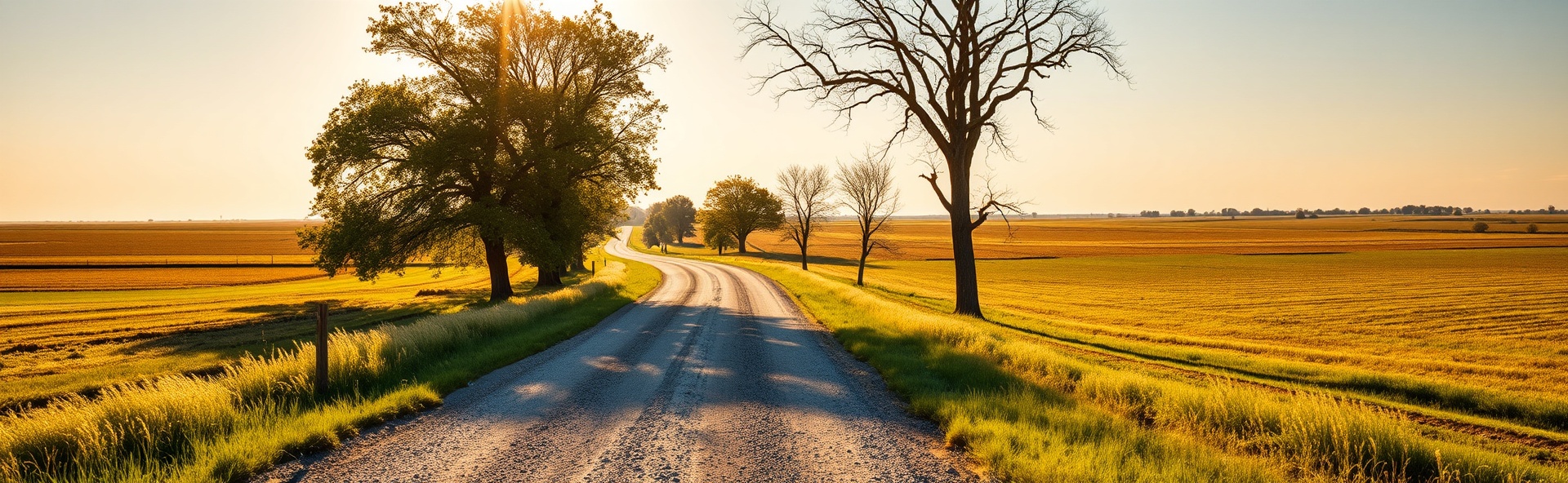 Rural Kansas landscape with gravel road and open fields