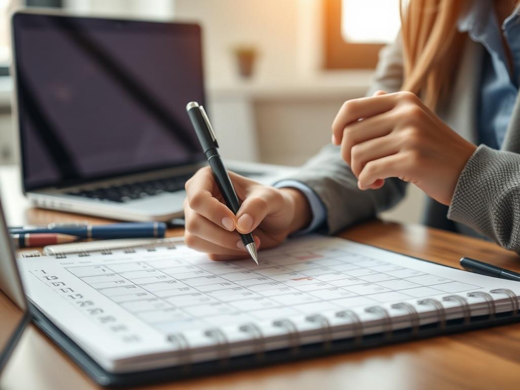 A close-up shot of a personal assistant organizing a calendar on a desk. The assistant is focused and writing down appointments with a pen, surrounded by notebooks and a laptop. The background is softly blurred, highlighting the importance of effective time management and organization.