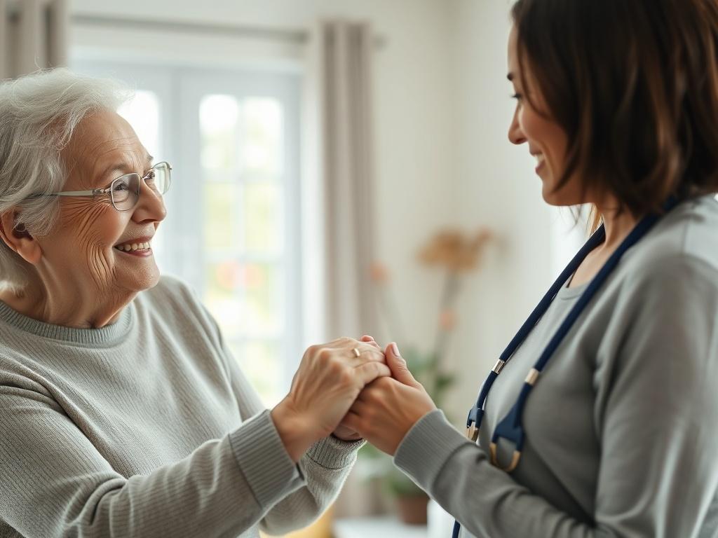 A close-up shot of a caring personal assistant helping an elderly person with a warm smile. The scene is set in a bright, welcoming living room with soft natural light filtering through a window. The assistant is holding the elderly person's hand in a reassuring manner, showing empathy and support. The background is blurred to keep the focus on the interaction, capturing the essence of personal assistance.
