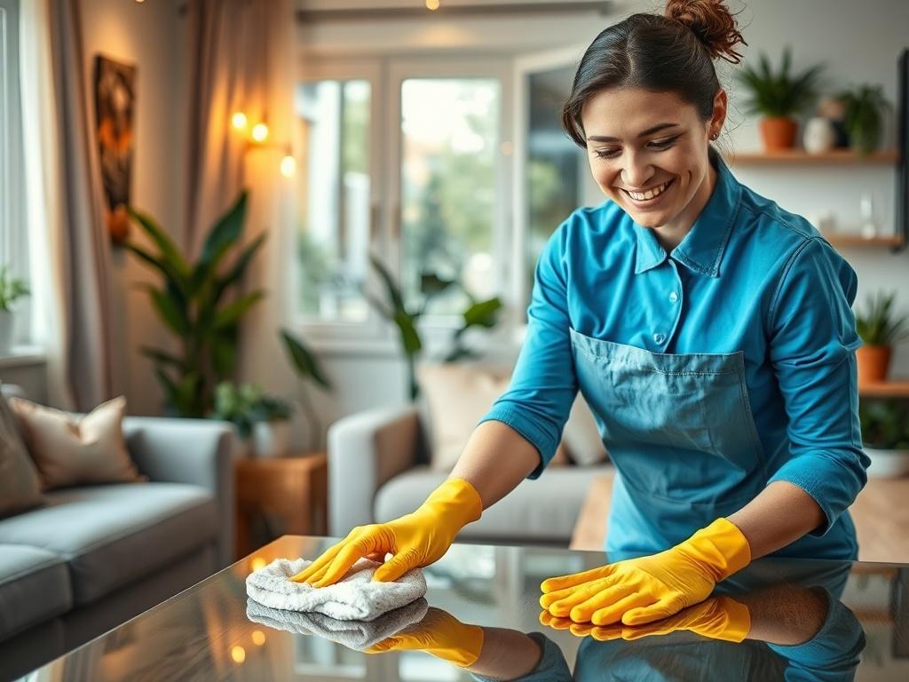 A close-up shot of a friendly housekeeper diligently cleaning a cozy living room. The image captures the housekeeper in action, using a cloth to wipe a table while smiling. The background shows a neatly organized and bright room with houseplants and warm lighting, emphasizing a clean and welcoming atmosphere.