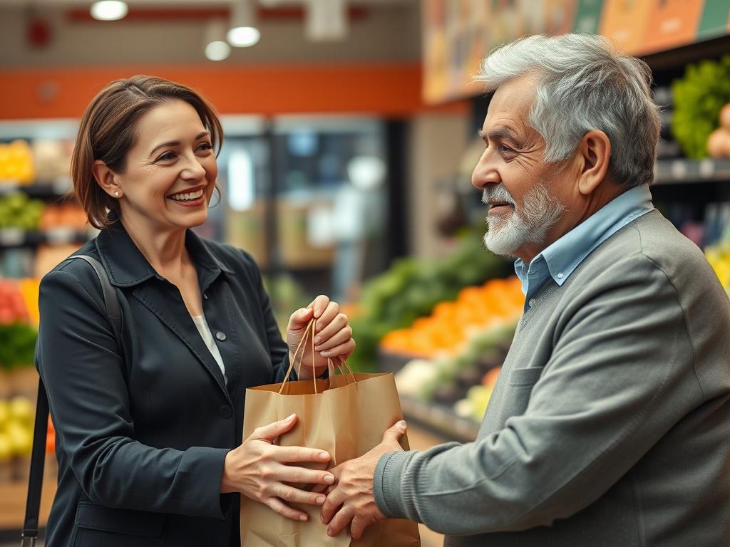 A realistic high-resolution photo of a compassionate personal assistant helping an elderly person with shopping. The assistant, a middle-aged woman with a warm smile, is holding a shopping bag while the elderly person, a man with gray hair, looks content and engaged. The background features a vibrant grocery store with fresh produce. The image should be shot in a close-up style with a 45mm f/1.2 lens to highlight the expressions and connection between the two individuals. The primary color of the image shou