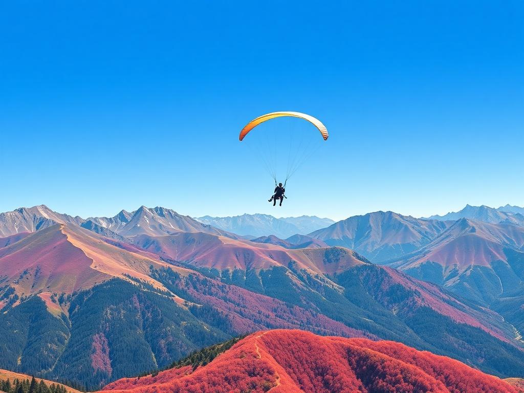 A person paragliding over a stunning mountain landscape, with vibrant colors of nature below and a clear blue sky above. The composition highlights the thrill of adventure, capturing the dynamic movement and excitement of the experience.