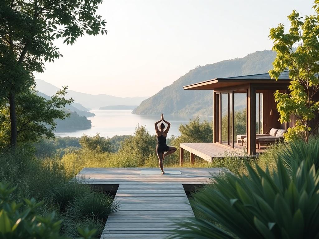 A serene landscape featuring a tranquil yoga retreat surrounded by lush greenery, with a person practicing yoga on a wooden deck overlooking a calm lake. The scene should evoke a sense of peace and wellness, with soft natural lighting and minimalistic design elements.