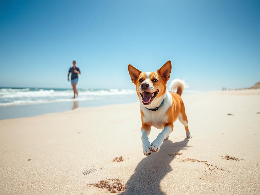 A happy dog playing on a sandy beach with its owner in the background, framed by gentle waves and a bright blue sky. The scene should capture the joy of pet-friendly travel, highlighting a carefree atmosphere with vibrant colors and minimalistic composition.