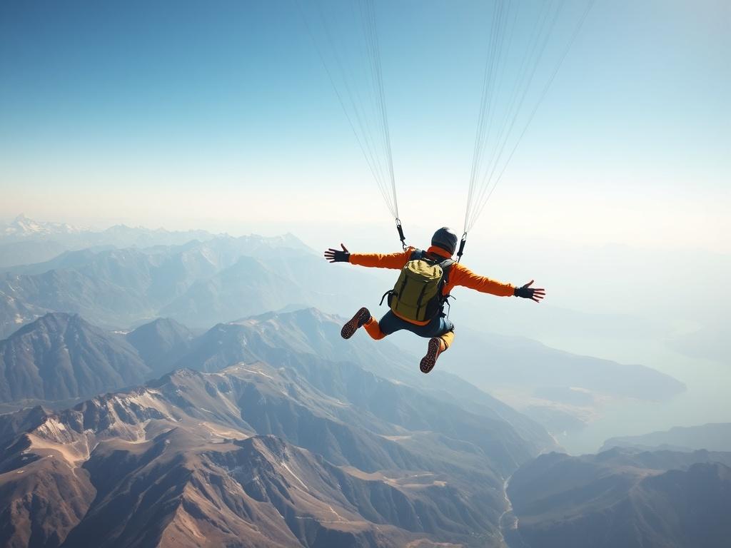 An adventurer skydiving above stunning mountain landscapes, capturing the thrill of the experience with a breathtaking backdrop. The image should emphasize the exhilaration of extreme sports, featuring vivid colors and a sense of motion.