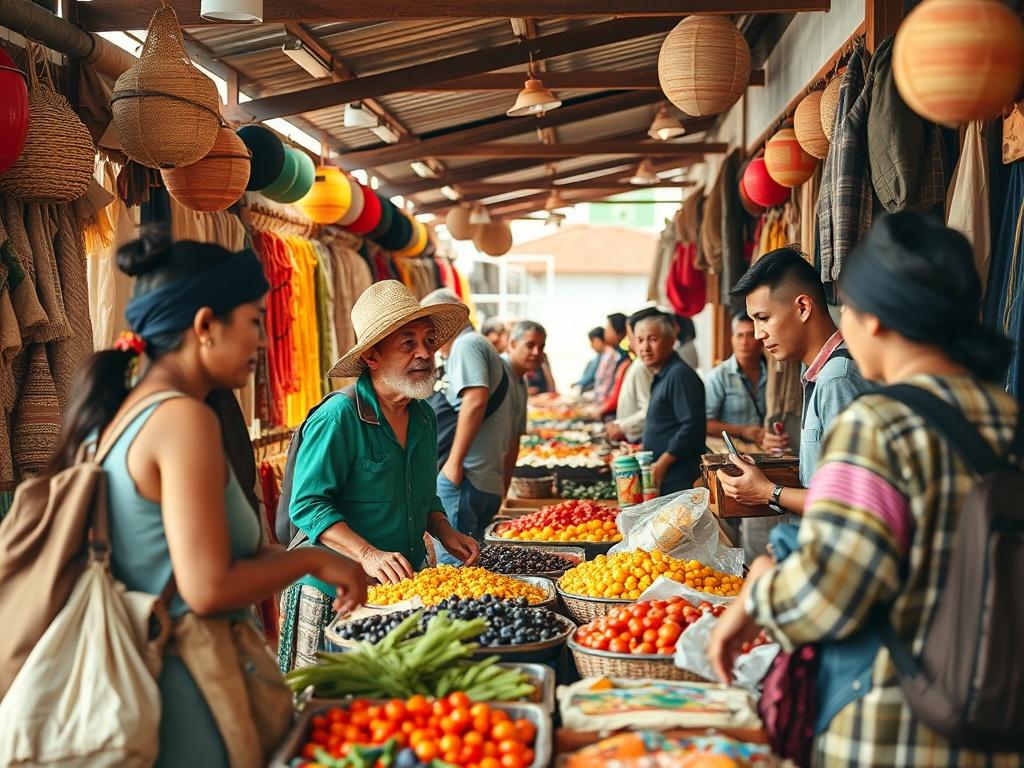 A group of travelers engaging with local artisans in a vibrant market, showcasing traditional crafts and foods. The scene should convey a sense of connection and cultural exchange, with colorful displays and enthusiastic interactions in a warm, inviting atmosphere.