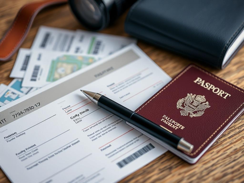 A close-up of a travel confirmation package laid out on a table, with a passport, tickets, and a stylish pen, conveying a sense of anticipation and excitement.