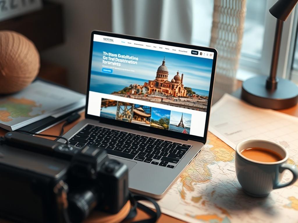 A beautifully arranged travel itinerary on a desk, with a laptop open to a vibrant travel destination website, accompanied by a cup of coffee and a map, creating a warm and inviting atmosphere.