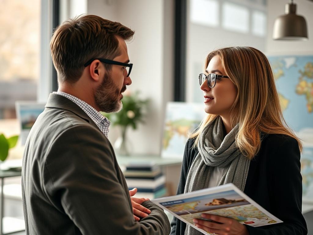 A serene close-up of a travel consultant and a client engaged in a conversation, surrounded by travel brochures and maps, with soft natural lighting in an inviting office environment.