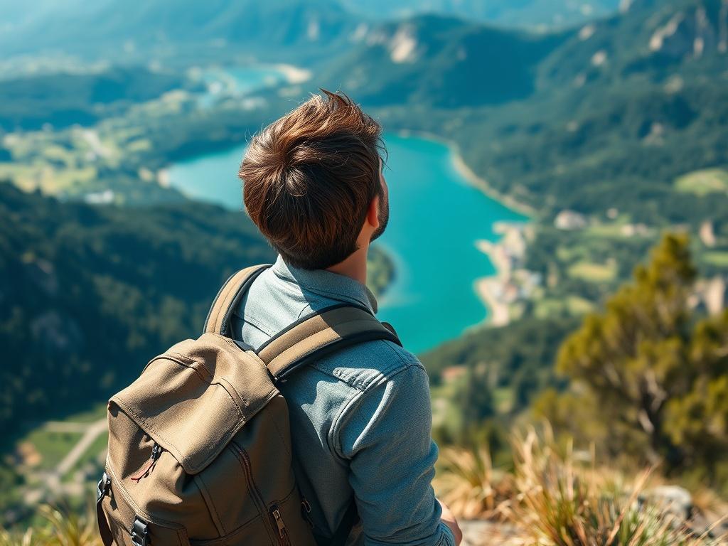 A breathtaking scenic view of a traveler enjoying a serene location, surrounded by nature, with a backpack and a sense of wonder, capturing the essence of transformative travel.