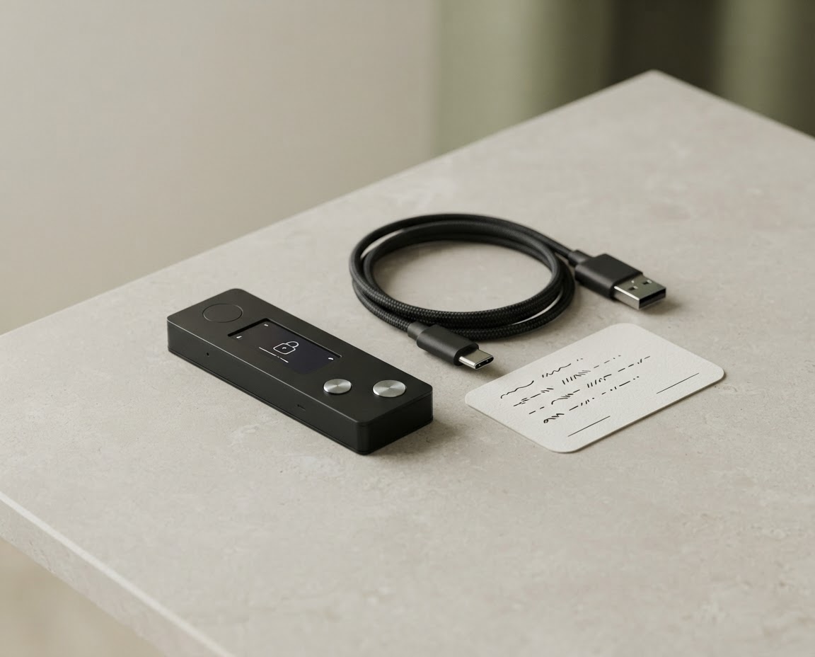 Hardware wallet, cable and an offline recovery phrase card