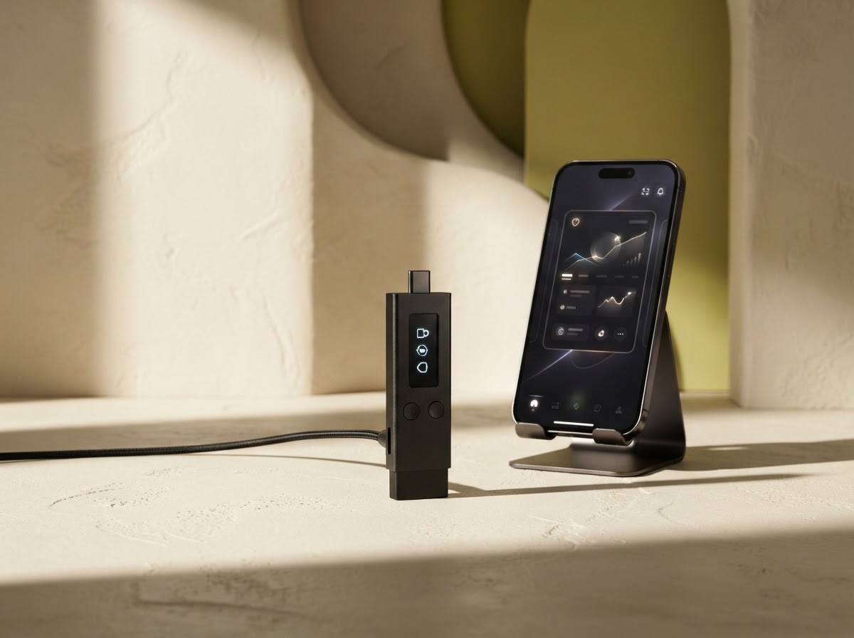 Ledger-style hardware wallet beside a smartphone on a warm studio surface
