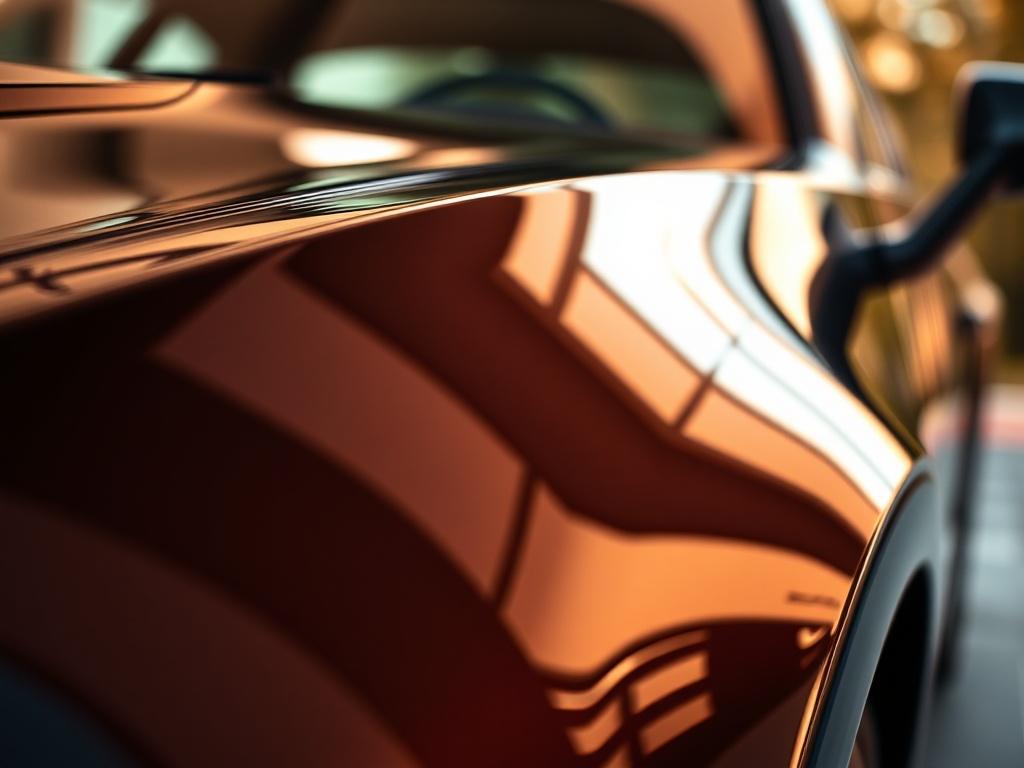 A realistic high-resolution close-up shot of a beautifully detailed car exterior, showcasing a shiny finish and immaculate surfaces. The background should be blurred to emphasize the car, with warm natural lighting highlighting the reflections on the paint. The composition should focus solely on the car, capturing the essence of high-quality auto detailing.