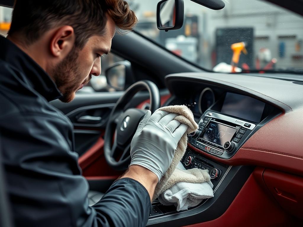 A close-up shot of a professional detailing technician meticulously cleaning the interior of a car, focusing on the dashboard and upholstery. The scene should be well-lit, showcasing the cleanliness and shine of the surfaces, with a backdrop of organized detailing tools.