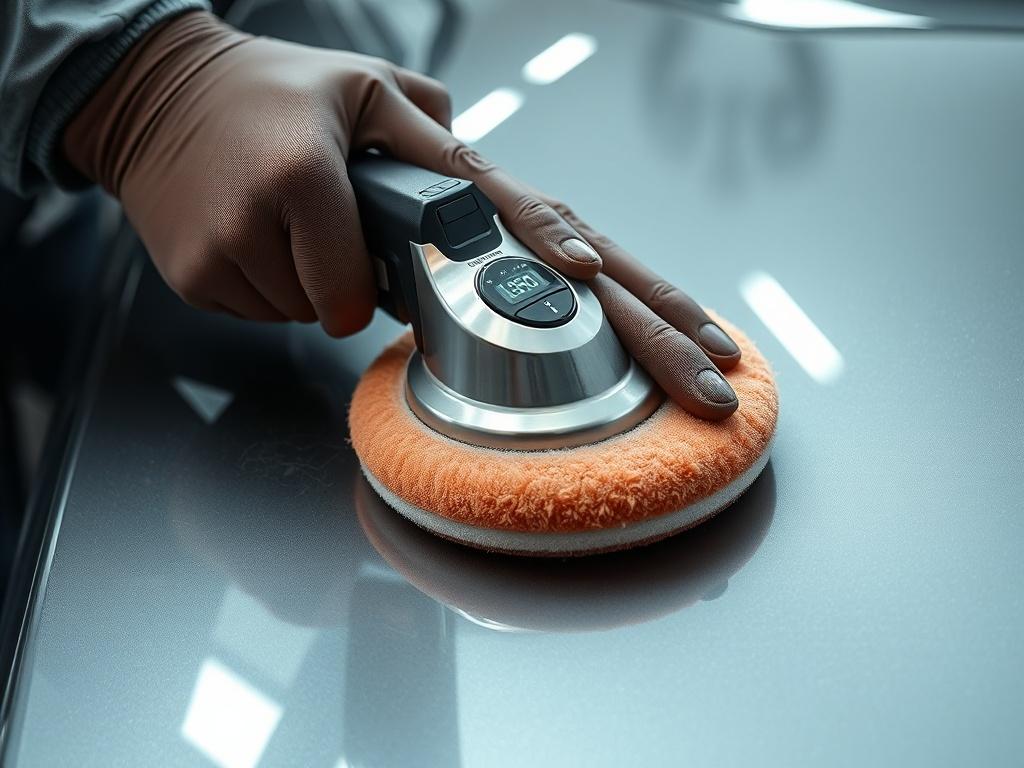 A technician applying a paint correction process on a car's surface, showcasing the removal of scratches and imperfections. The focus should be on the technician's hands with polishing equipment, surrounded by the gleaming paint of the vehicle.